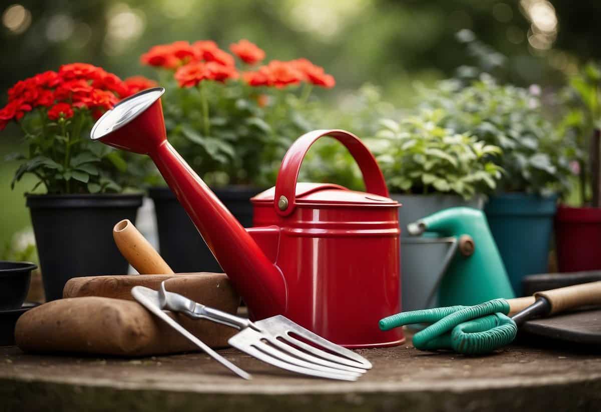 A vibrant red watering can sits amidst a collection of gardening tools, including trowels and gloves, ready for use in a lush garden setting