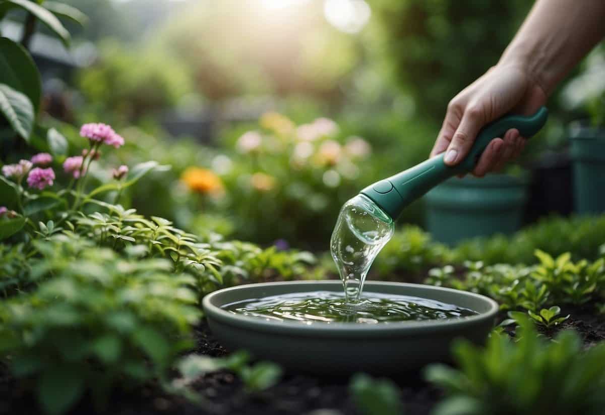 A hand holds a Dramm ColorPoint Green Water Wand amidst a lush garden, surrounded by essential gardening tools