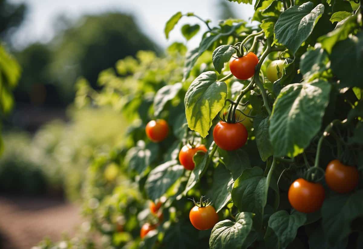 Lush tomato vines and vibrant cucumber plants bask in the warm summer sun, thriving in the heat of the garden