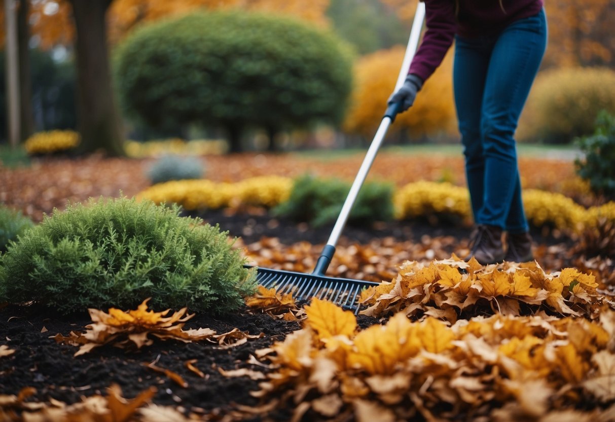 Perennials and shrubs surrounded by fallen leaves and debris, with a person using a rake to clear the garden