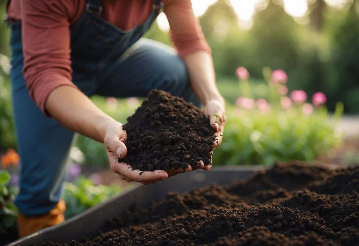 A gardener spreads organic fertilizer on rich garden soil, following tips for healthy plant growth