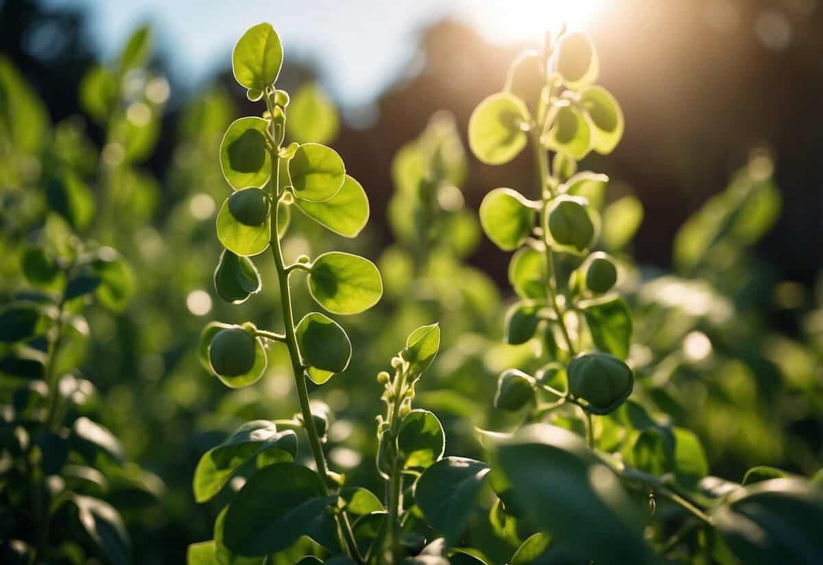 Bright garden scene, vibrant green pea plant reaching upwards in full sun