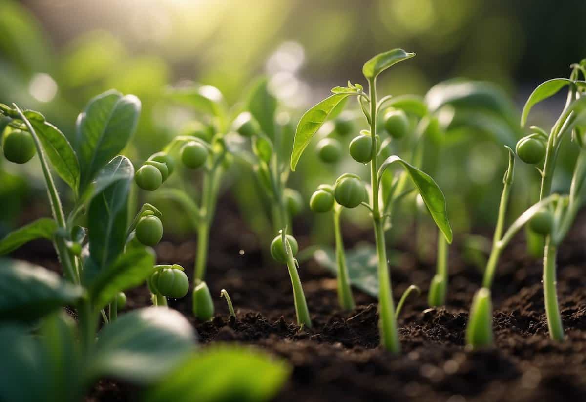 Lush green pea plants receive a gentle, regular watering in a well-tended garden