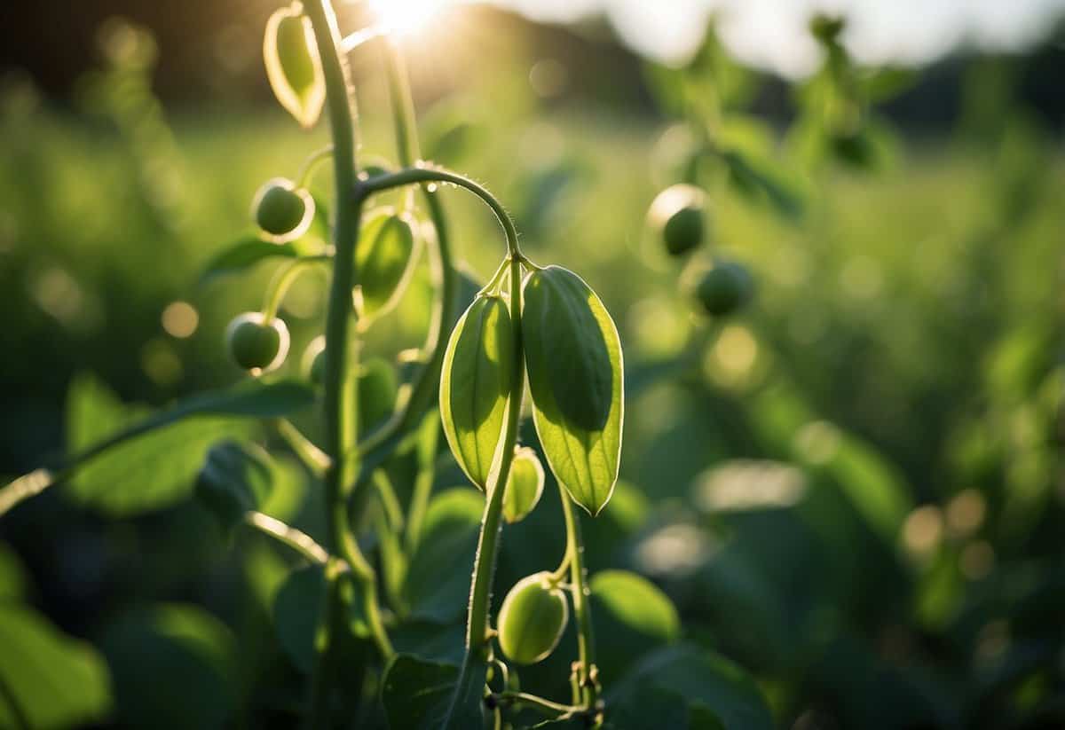 Lush green pea plants with full pods in a sunlit garden