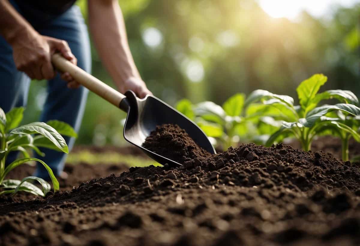 Rich, dark soil being turned over with a shovel, ready for planting. Sunlight filters through the green leaves of nearby plants