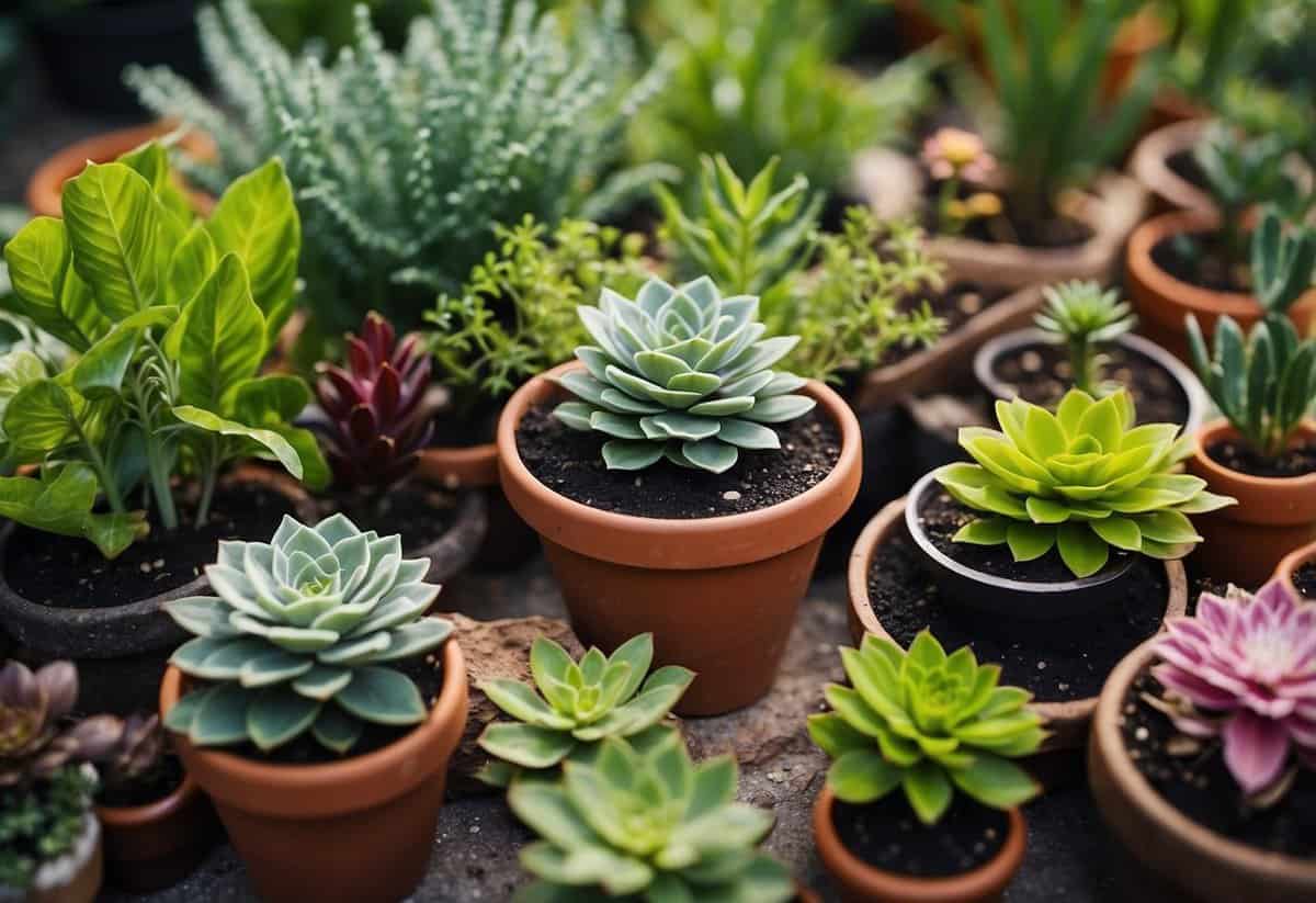 A variety of compact plants arranged in containers, with vibrant colors and different textures, creating a visually appealing and space-saving garden display