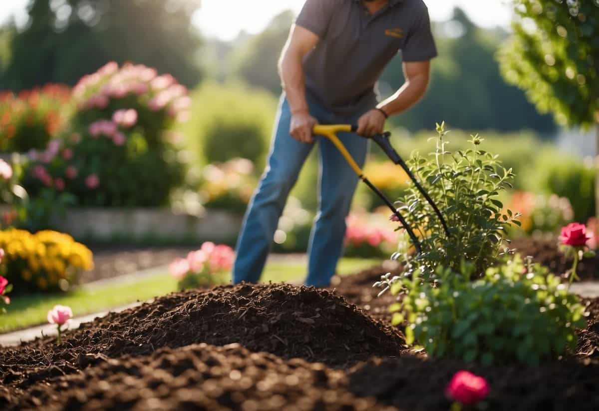 A gardener mulches around rose bushes, adding a layer of protective material to the soil. The sun shines down on the vibrant flowers, creating a peaceful and serene scene