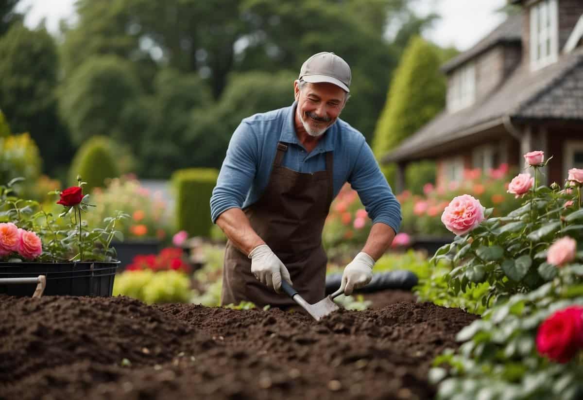 A gardener tilling rich, dark soil in a neatly arranged rose garden, surrounded by gardening tools and bags of compost