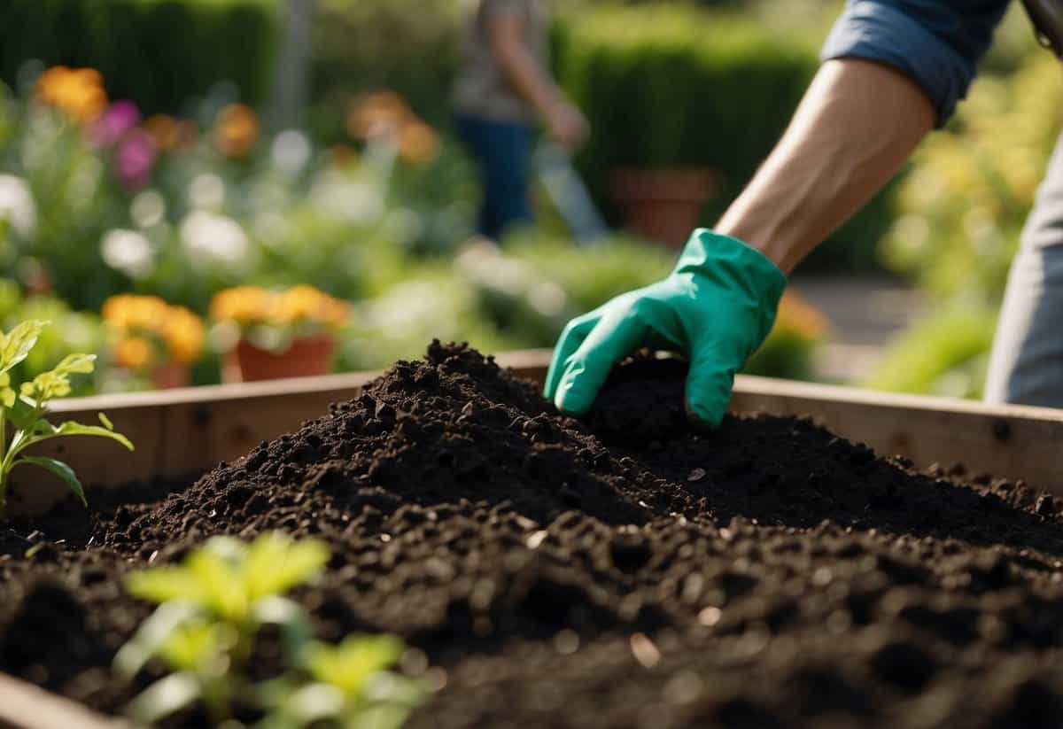 A gardener pours organic compost onto a garden bed, enriching the soil. A shovel and bag of compost sit nearby. Green plants flourish in the background