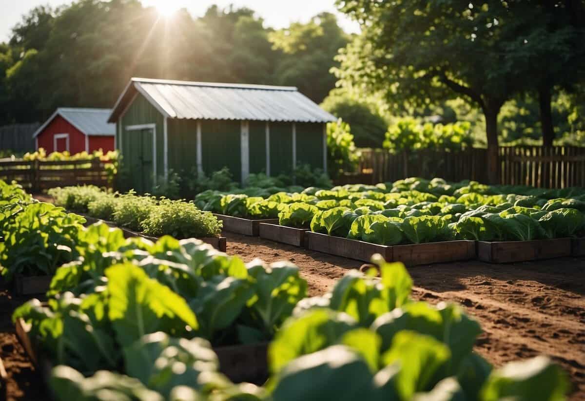 Lush green garden with rows of vibrant vegetables, surrounded by tall fences and a small shed. Sunlight filters through the leaves, highlighting the freshness of the produce