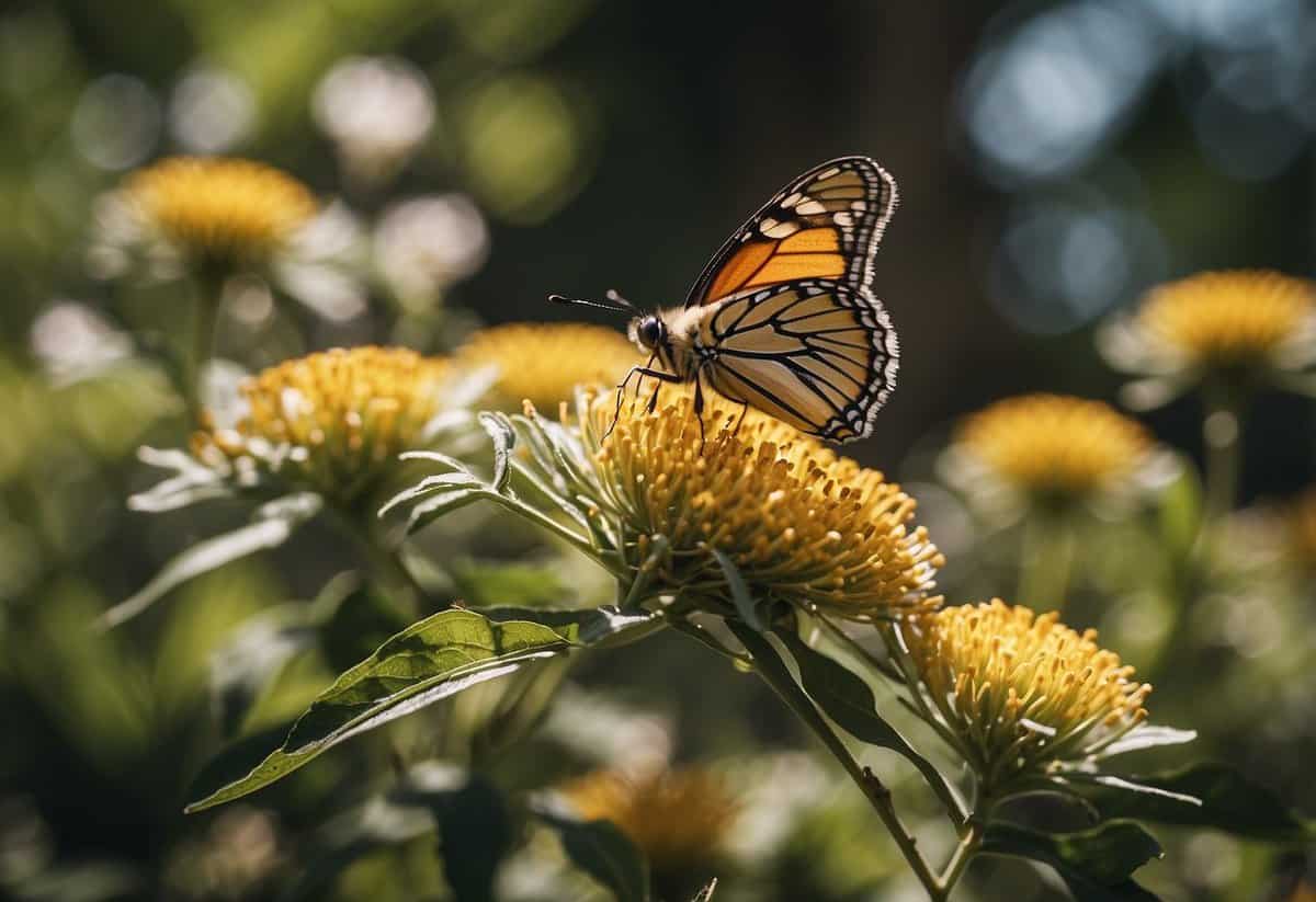 A lush garden filled with native plants, buzzing with bees and fluttering with butterflies. Trees and shrubs provide shelter for birds and small mammals