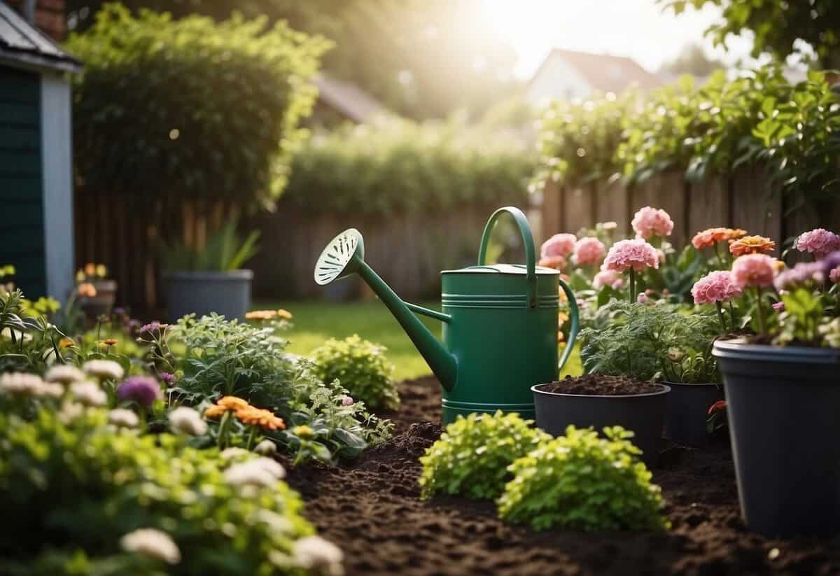 Lush garden with blooming flowers, well-maintained vegetable beds, and a compost bin. A watering can and gardening tools are neatly placed nearby