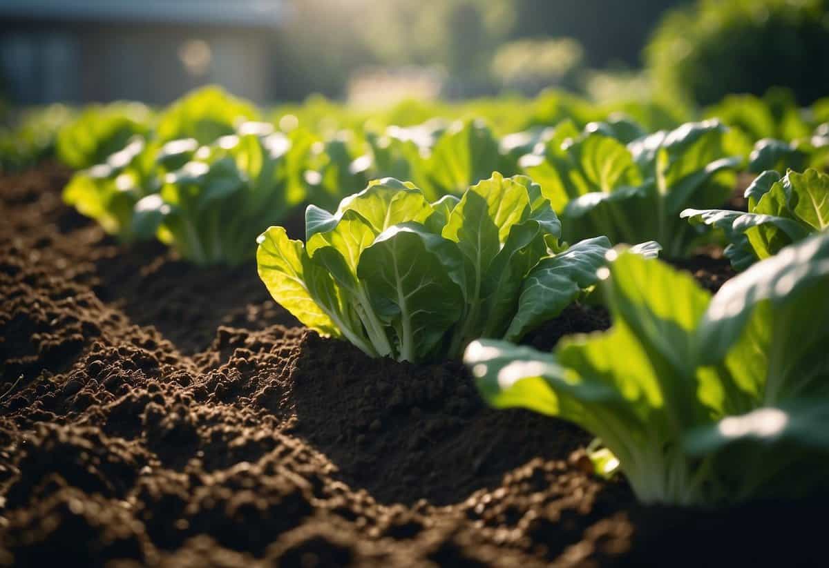 Lettuce garden with rich, dark soil, thriving plants, and sunlight filtering through the leaves