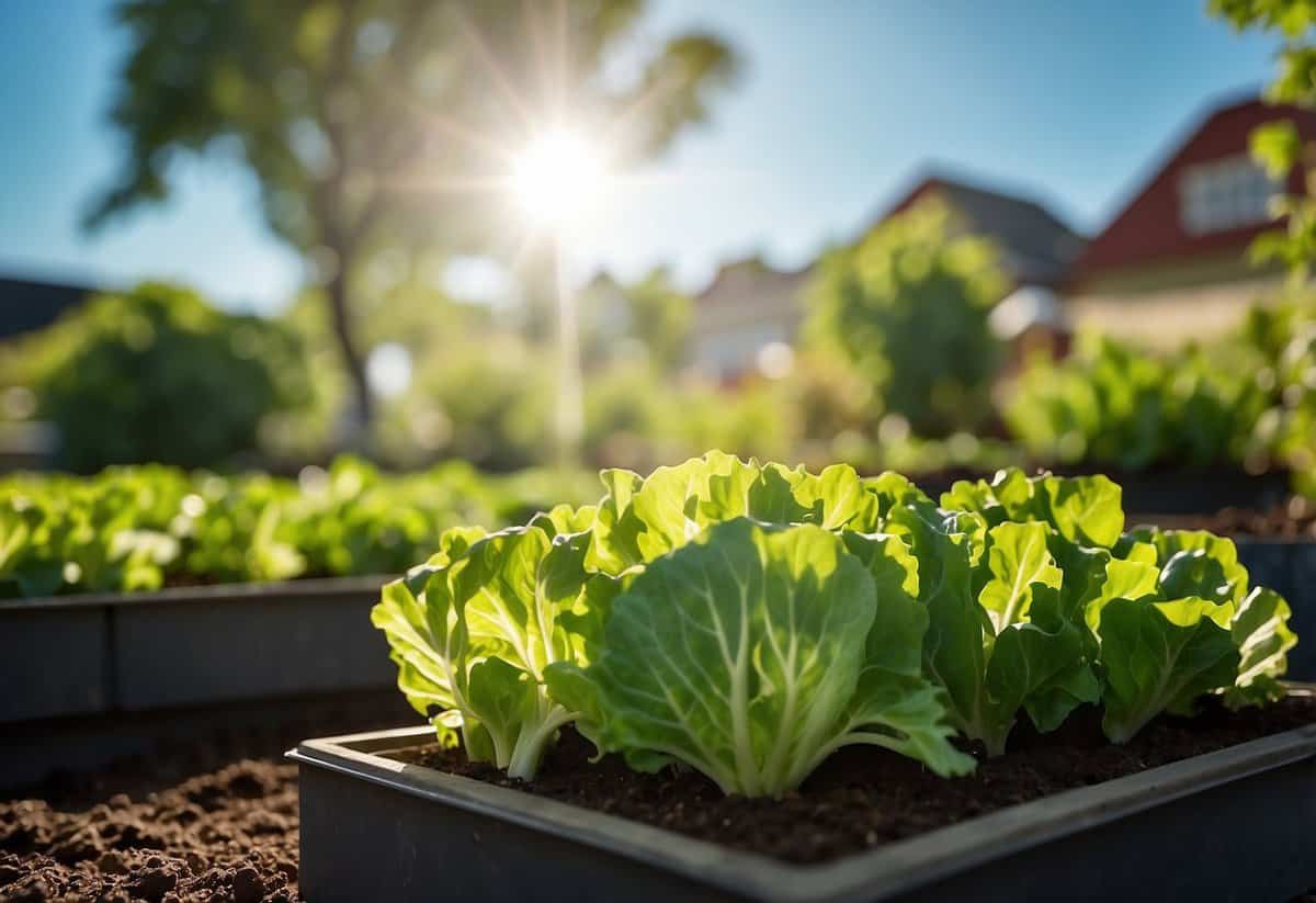 A bright, sunny day with vibrant green lettuce plants basking in the sunlight, surrounded by well-maintained garden beds and clear blue skies above