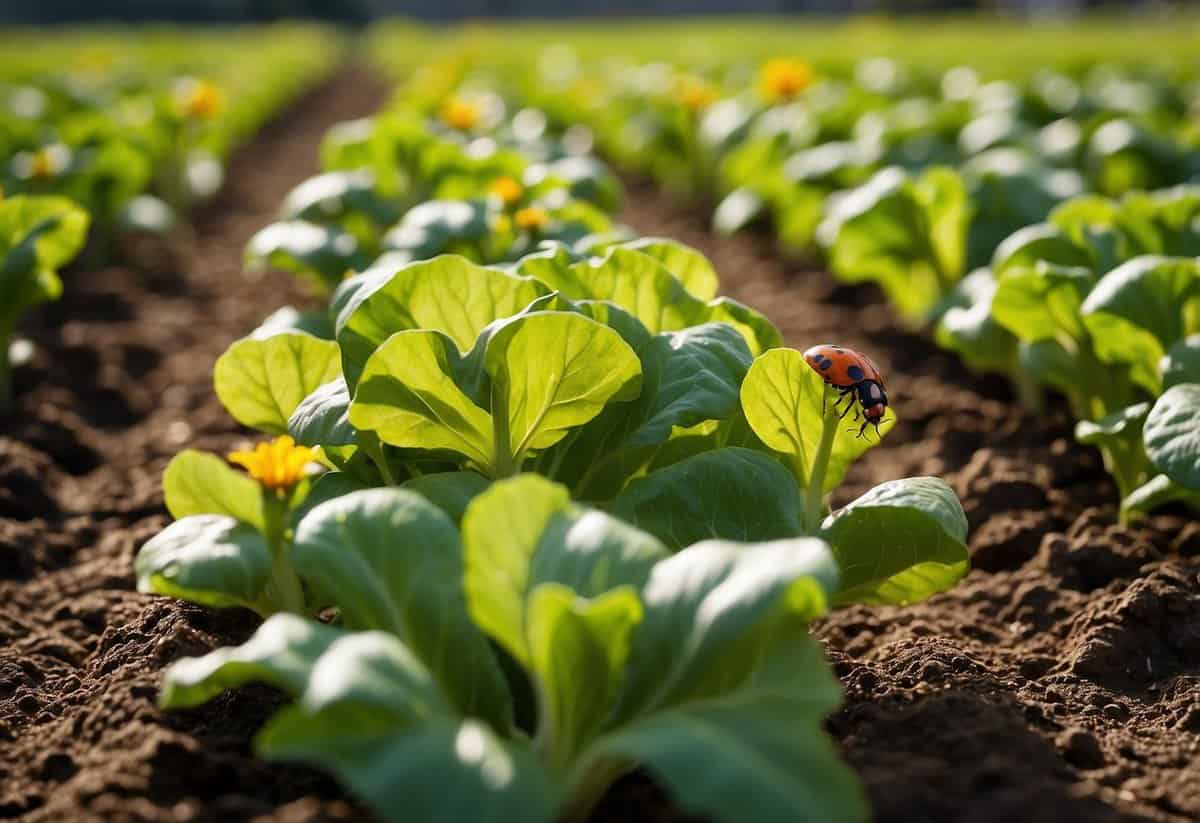 Lettuce garden with natural pest control: ladybugs, marigolds, and garlic planted among the rows. No chemical sprays in sight