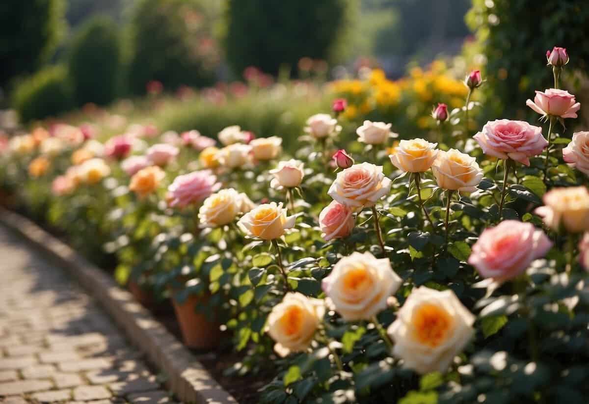 A sunny garden with rows of colorful roses, surrounded by greenery and well-maintained pathways