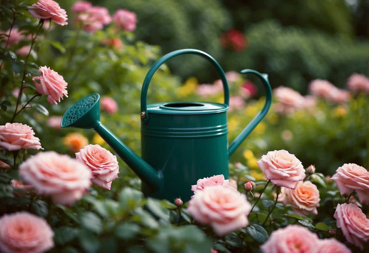 Lush rose garden with watering can nearby. Deep green leaves and vibrant blooms