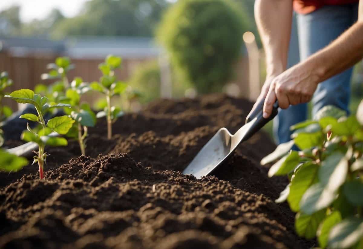 Soil being turned with a shovel, bags of compost nearby, and a row of rose bushes ready for planting