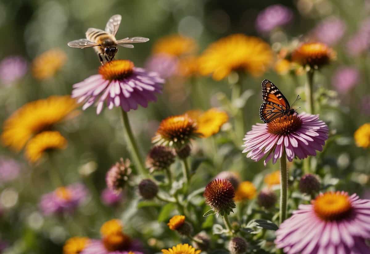 A vibrant garden with colorful flowers, buzzing bees, and fluttering butterflies. Signs indicate "Avoid pesticides" and offer tips for creating a pollinator-friendly environment