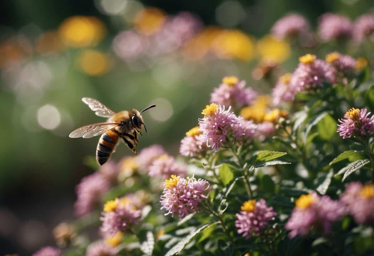 A colorful pollinator garden with flowering shrubs and helpful tips for attracting pollinators