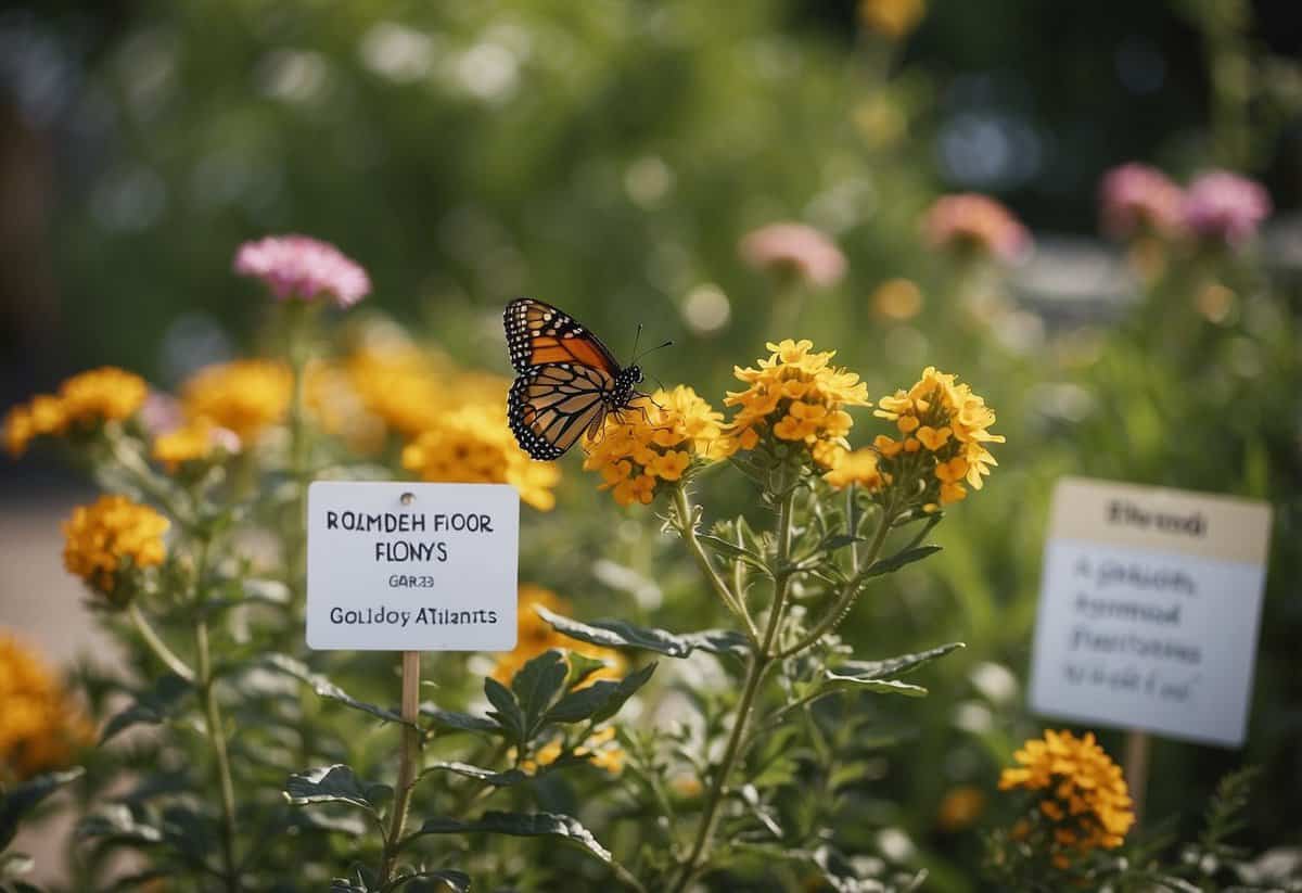 A variety of pollinator-friendly plants arranged in a garden, with signs indicating tips for avoiding hybrid plants