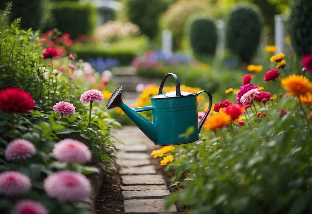 Lush garden with vibrant flowers, healthy greenery, and well-maintained pathways. Bird feeders and watering cans are strategically placed