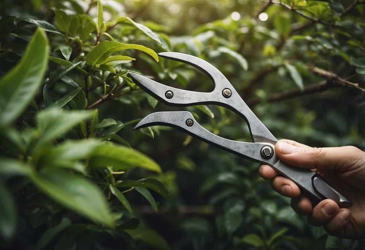 A pair of pruning shears cutting through overgrown branches in a lush garden, with a variety of plants and flowers surrounding the area