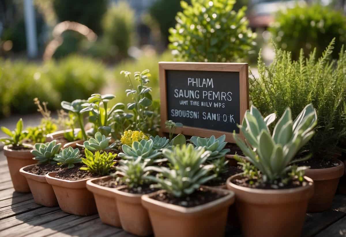 A variety of plants arranged by watering needs, with a sign promoting water-saving tips in a garden setting