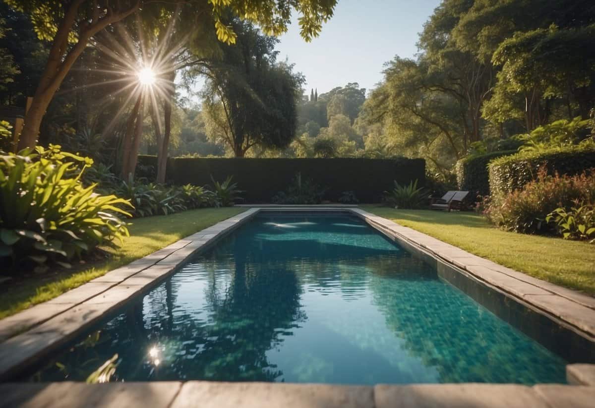 A pool cover lies over a sparkling swimming pool surrounded by lush green garden, conserving water