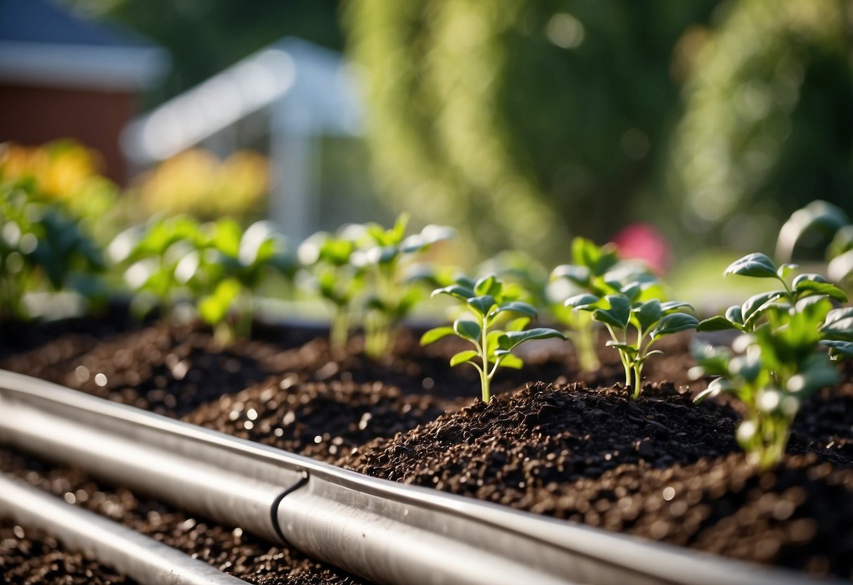 A garden with mulch, drip irrigation, and rain barrels conserving water