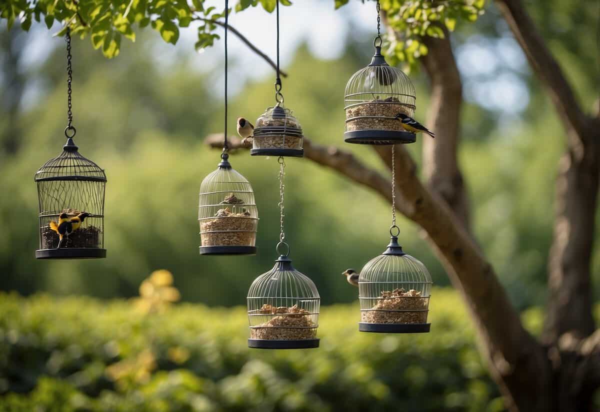 Birdfeeders hang from tree branches in a lush garden. Colorful birds flock to feed, while bugs buzz around nearby flowers