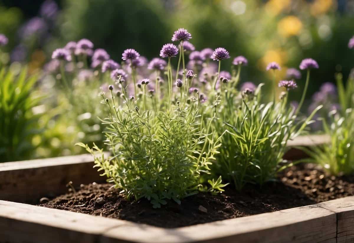 A garden surrounded by a tall fence with bug-repelling plants and herbs. Insects are seen avoiding the area, while the plants thrive