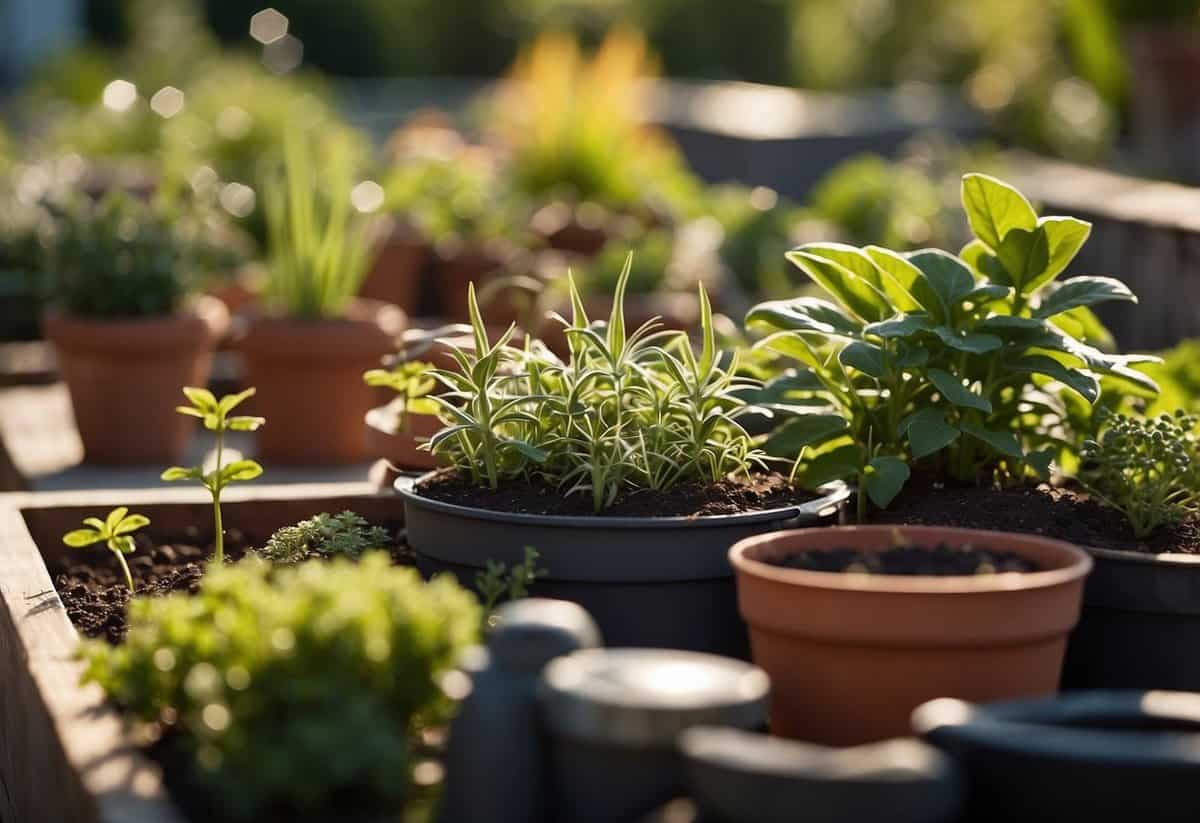 A variety of easy-to-grow plants arranged in pots and garden beds, with tools and soil nearby. Sunlight filters through the foliage, creating a warm and inviting atmosphere for gardening