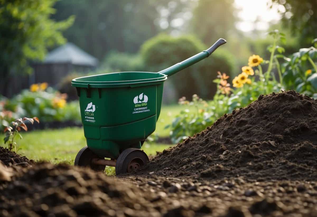 A pile of organic waste, a shovel, and a garden bed with freshly turned soil. A compost bin sits nearby, emitting steam