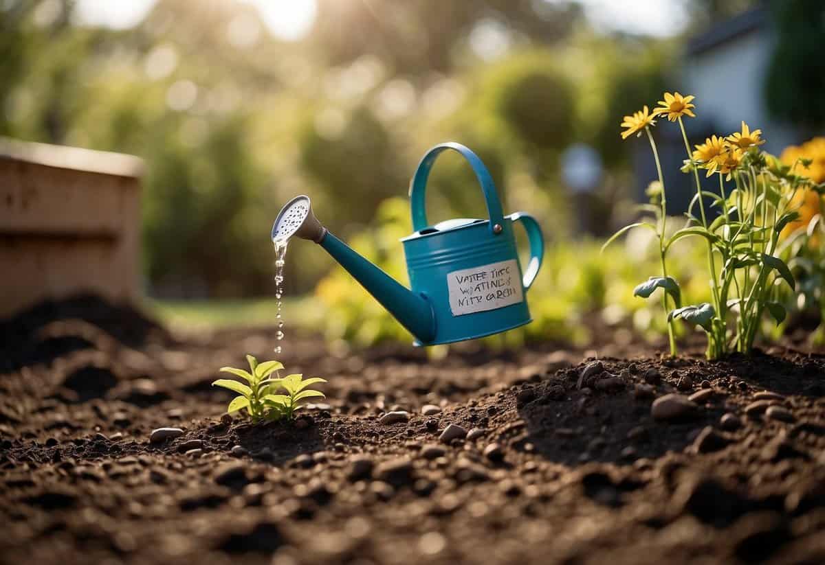 A watering can pours water onto newly planted seeds in a freshly tilled garden bed, with a sign nearby reading "Water Wisely tips for starting a garden from scratch."