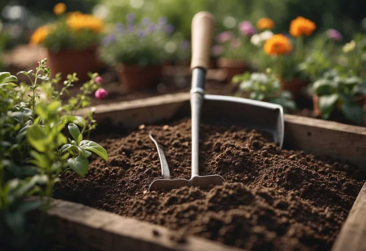 A blank canvas of soil, surrounded by a variety of plants and flowers. A shovel and gardening tools are scattered nearby, ready to be used