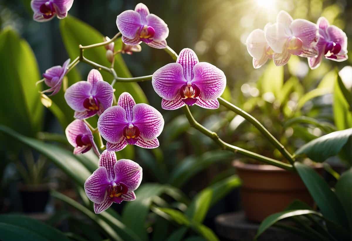 Healthy orchid garden with vibrant blooms. Pruning shears removing dead or diseased parts. Sunlight filters through lush green leaves