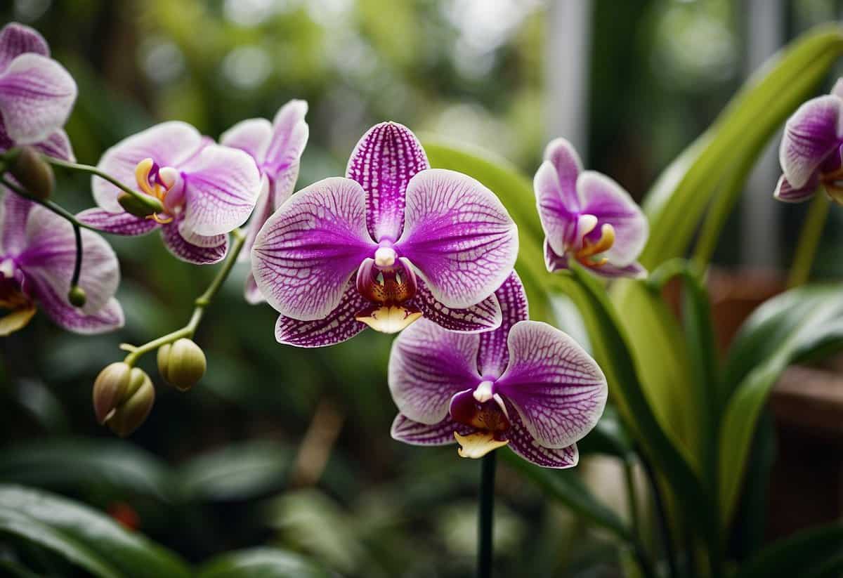 Lush orchid garden with spaced out plants, avoiding overcrowding. A variety of colors and sizes create a visually appealing and healthy environment