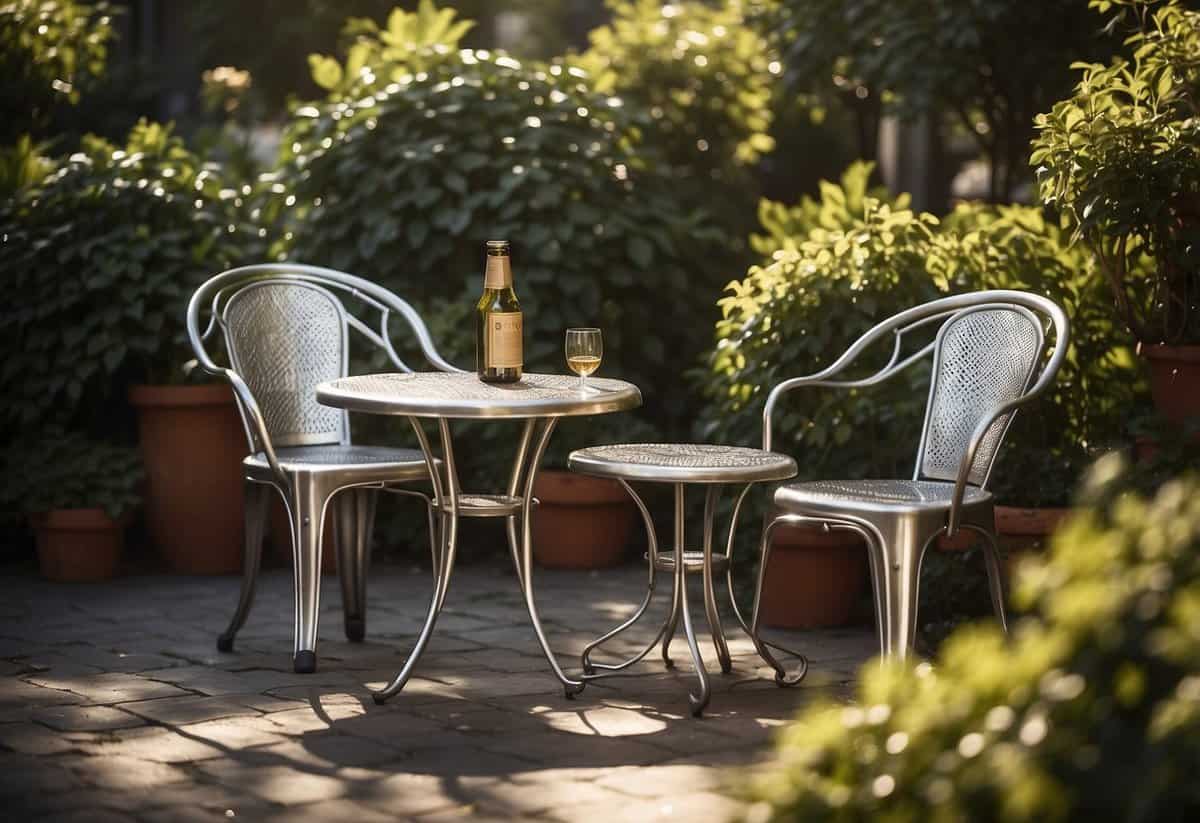 A cozy aluminum bistro set sits in a lush garden, with a table and two chairs. The furniture gleams in the sunlight, showcasing its high-quality craftsmanship