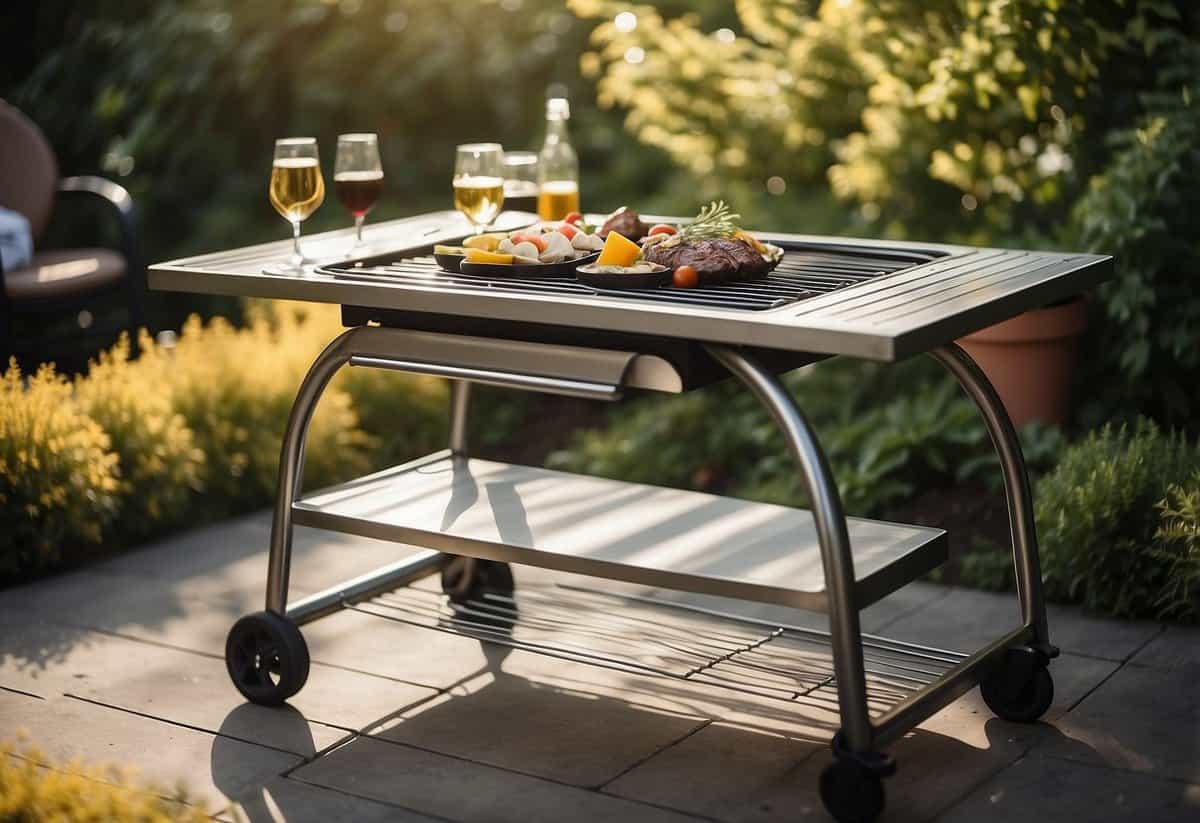 A stainless steel BBQ table sits in a lush garden, surrounded by high-quality outdoor furniture