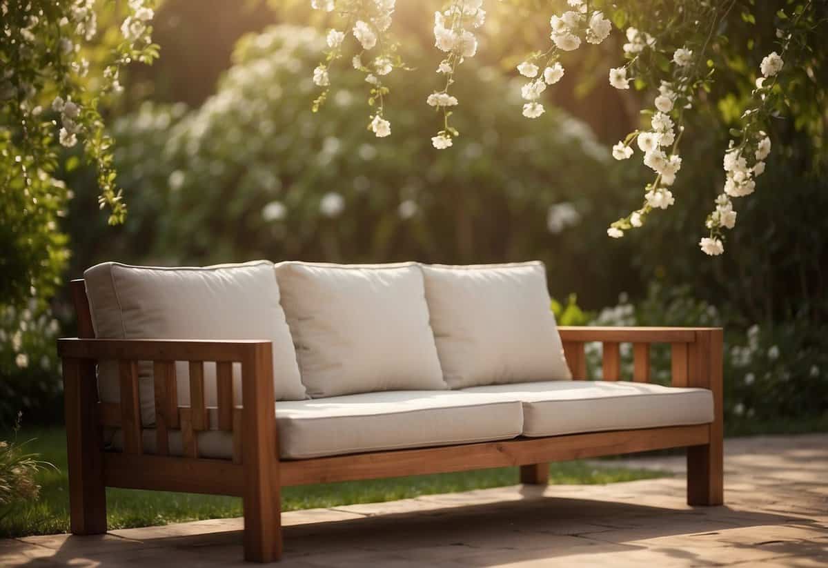 An outdoor sofa made of eucalyptus wood sits in a lush garden, surrounded by blooming flowers and greenery. The sun casts a warm glow on the smooth, natural wood, highlighting its quality craftsmanship