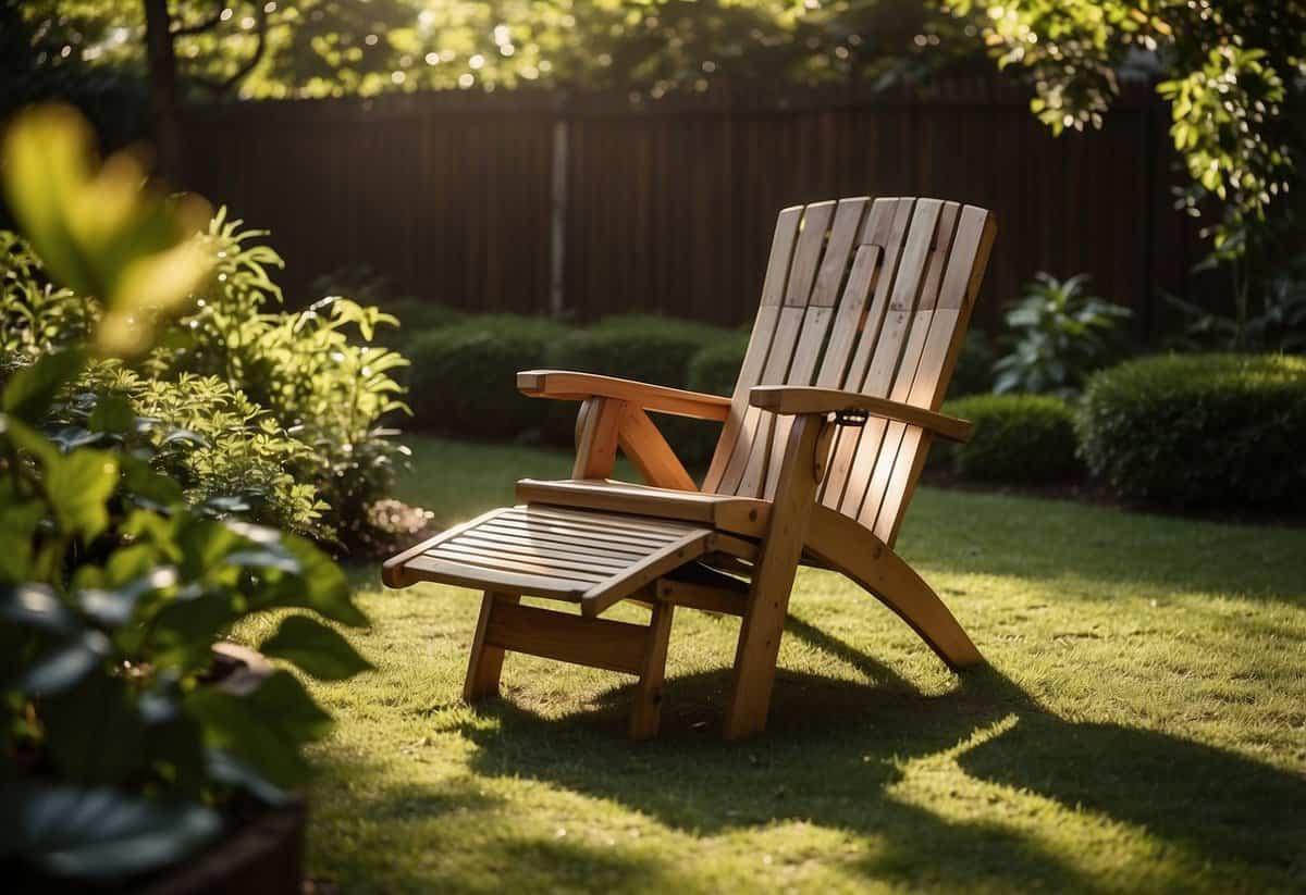 A hardwood folding recliner sits in a lush garden. Sunlight filters through the leaves, casting dappled shadows on the smooth, polished wood