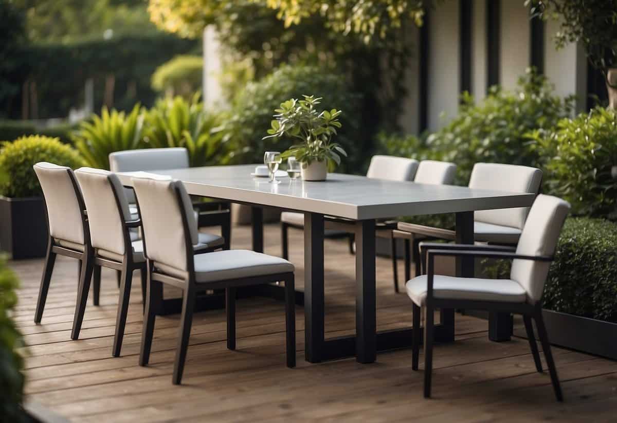 A modern dining set made of synthetic resin sits in a lush garden, showcasing its durability and quality. The furniture is stylish and inviting, perfect for outdoor gatherings