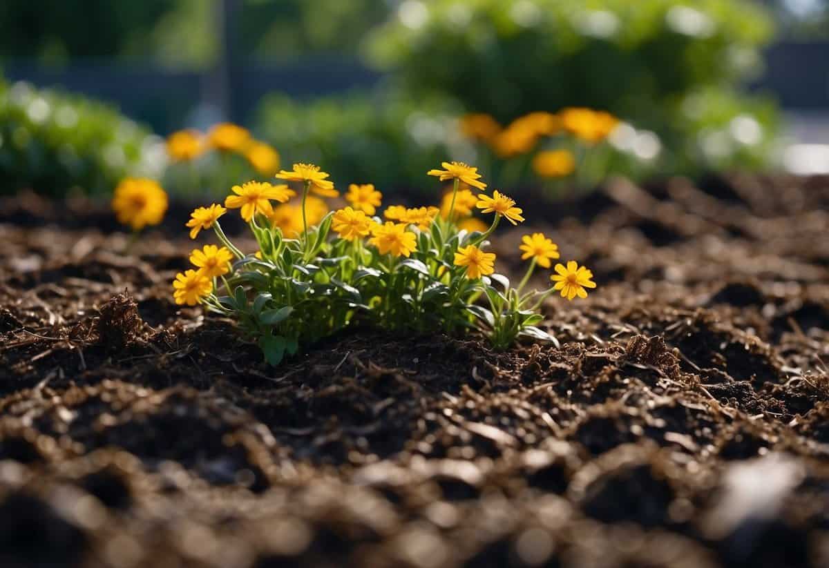 A flower garden with mulch spread around the base of the plants to retain moisture