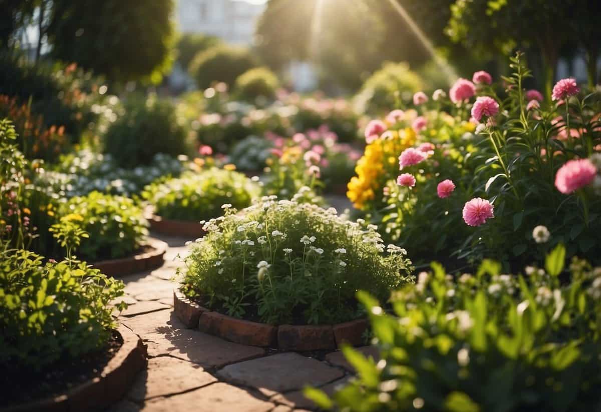 Lush green garden with colorful flowers in bloom, neatly arranged beds, and a variety of plants. Sunlight filters through the leaves, creating a serene and inviting atmosphere