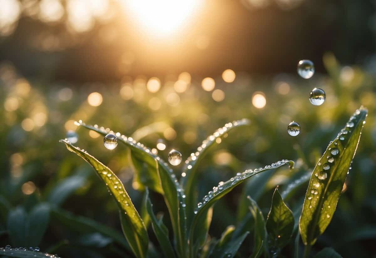 The sun rises over a tranquil flower garden, casting a soft glow on the dew-covered petals and leaves. The water droplets sparkle like diamonds in the early morning light, creating a serene and magical atmosphere