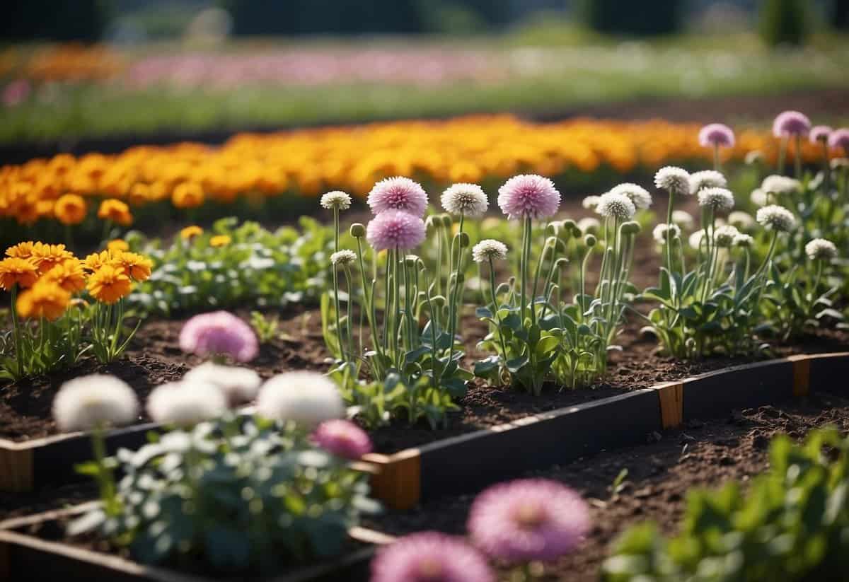 A garden with different flowers blooming in neat rows, surrounded by signs indicating crop rotation