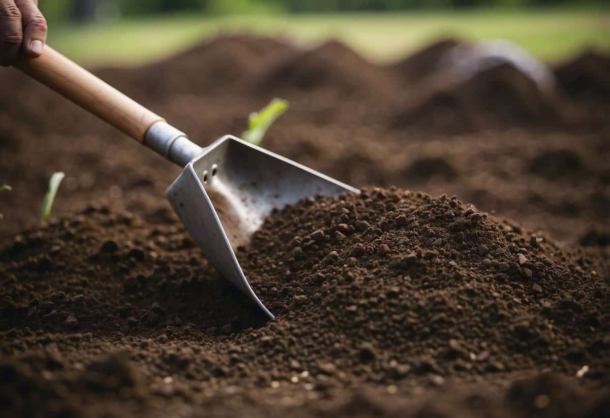 Rich soil is being turned over with a shovel, ready for planting. A bag of fertilizer sits nearby, waiting to be spread over the freshly prepared ground