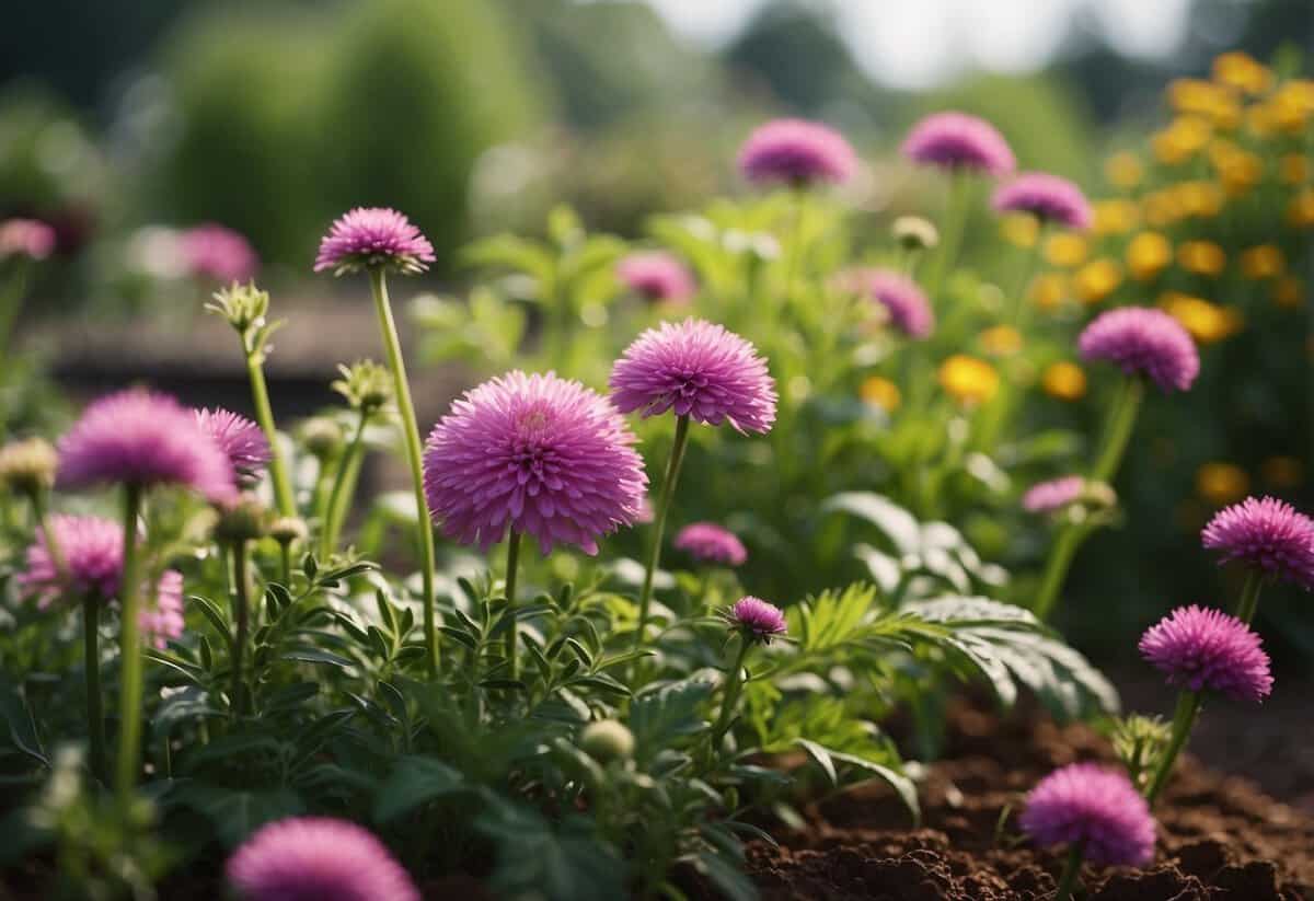 Lush plants thrive in nutrient-rich soil, surrounded by vibrant cut flowers in a well-tended garden