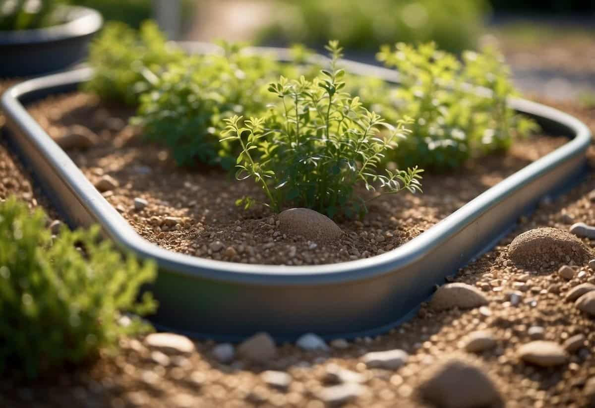 A garden bed with sloped soil, gravel or sand, and perforated pipes for drainage